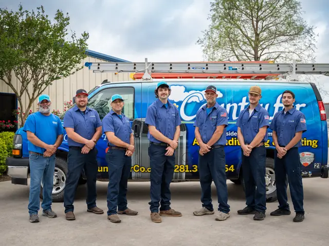 Country Air technicians lined up in front of a branded service van